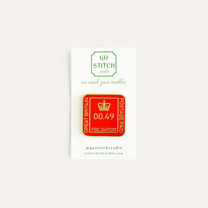 Royal Postmark red and gold needle minder by Go Stitch Studio with enamel finish and rare earth magnets