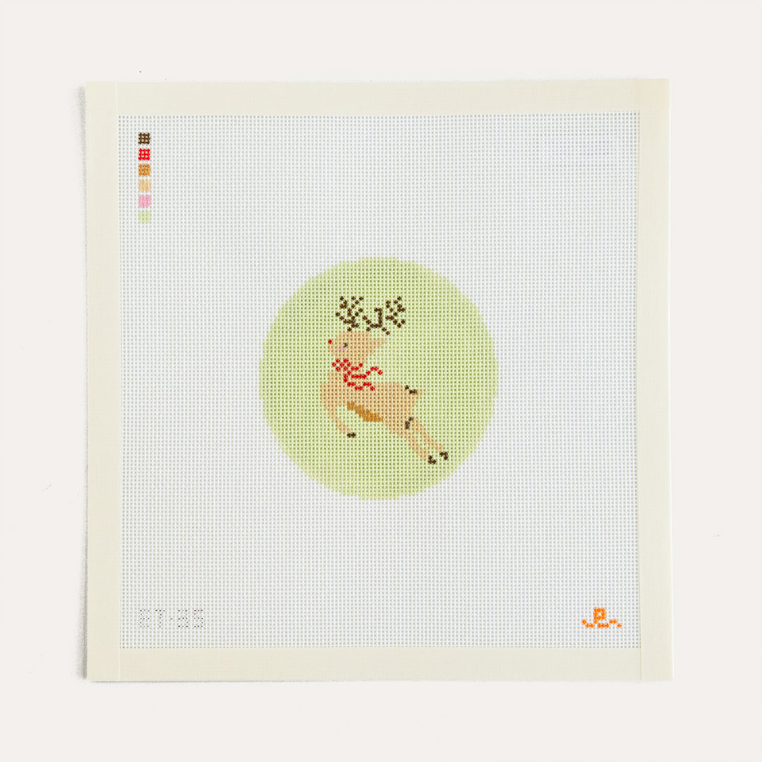 Rudolph Round needlepoint canvas by Elizabeth Taylor featuring a Rudolph reindeer design on 18 mesh canvas.