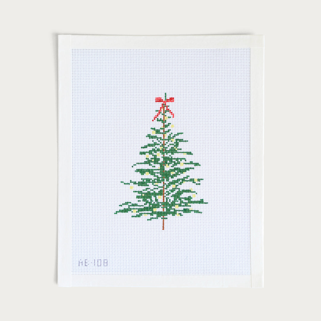 Hand-painted Rustic Spruce Christmas Tree needlepoint canvas on 18 mesh, featuring a simple and cozy holiday design.