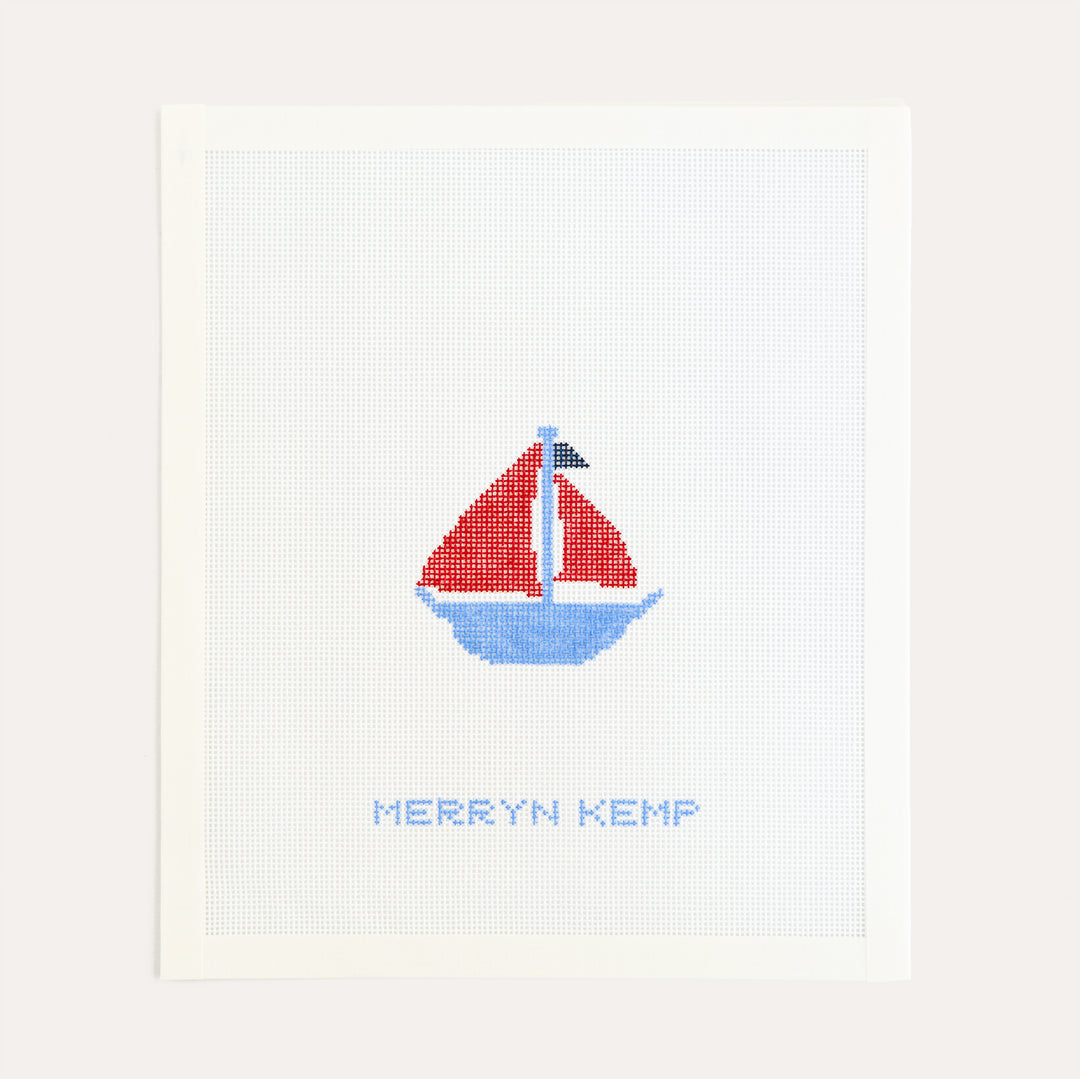 Sail Boat needlepoint canvas by Merryn Kemp with blue and red sailboat design on 18 mesh