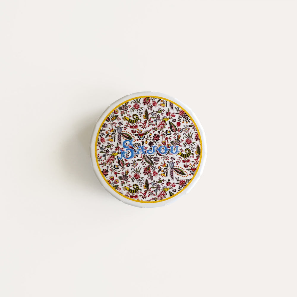 Sajou small click clack tin with Toile de Jouy print, perfect for needlepoint storage