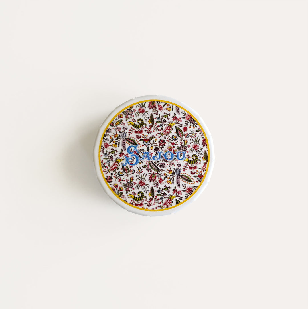 Sajou small click clack tin with Toile de Jouy print, perfect for needlepoint storage