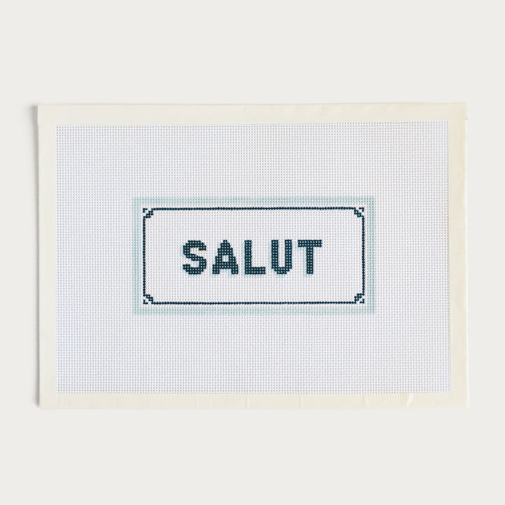 Hand-painted Salut needlepoint canvas featuring a chic French greeting design.