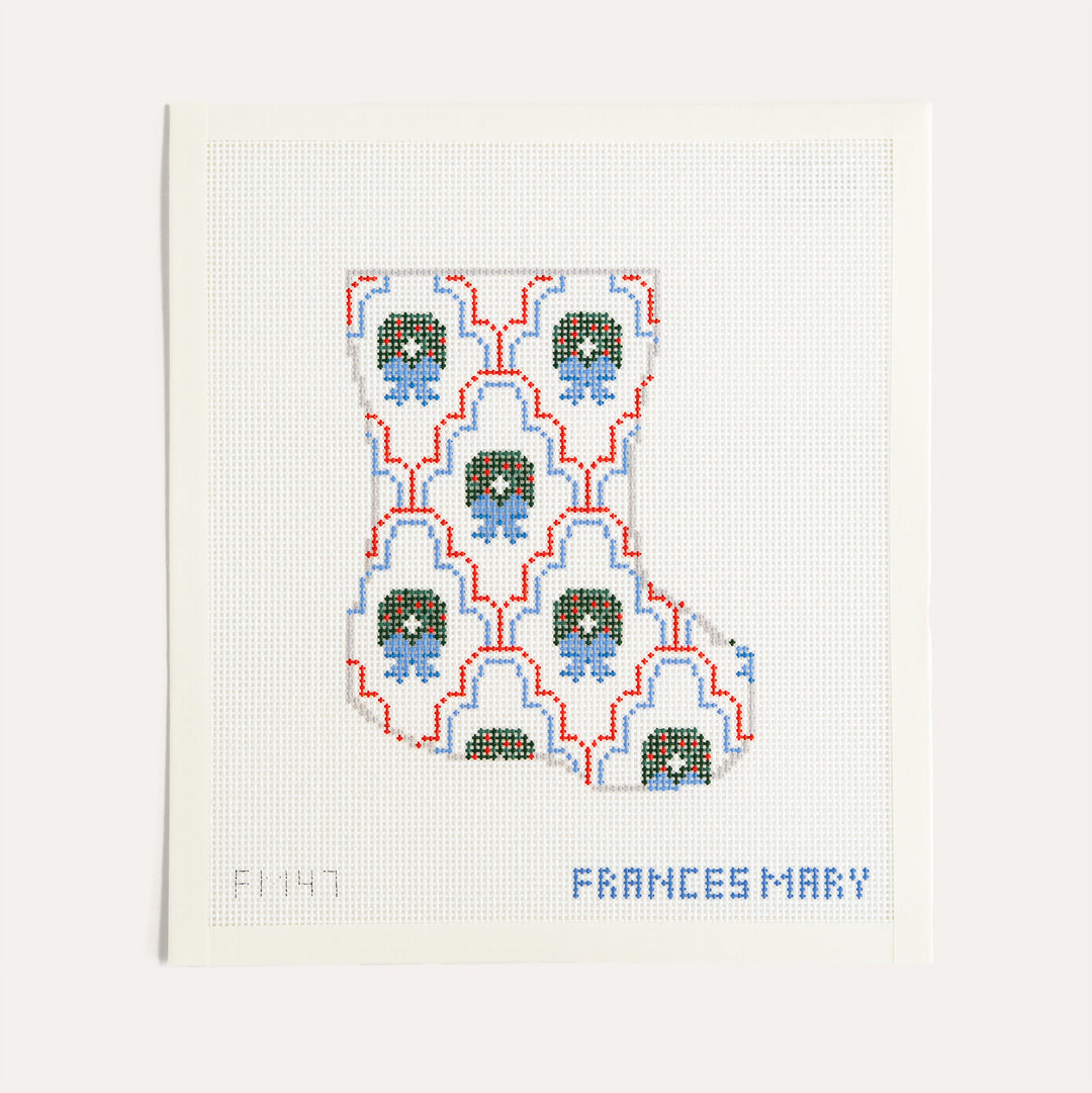 Scallop Wreath Mini Stocking needlepoint canvas by Frances Mary Needlepoint on 13 mesh canvas