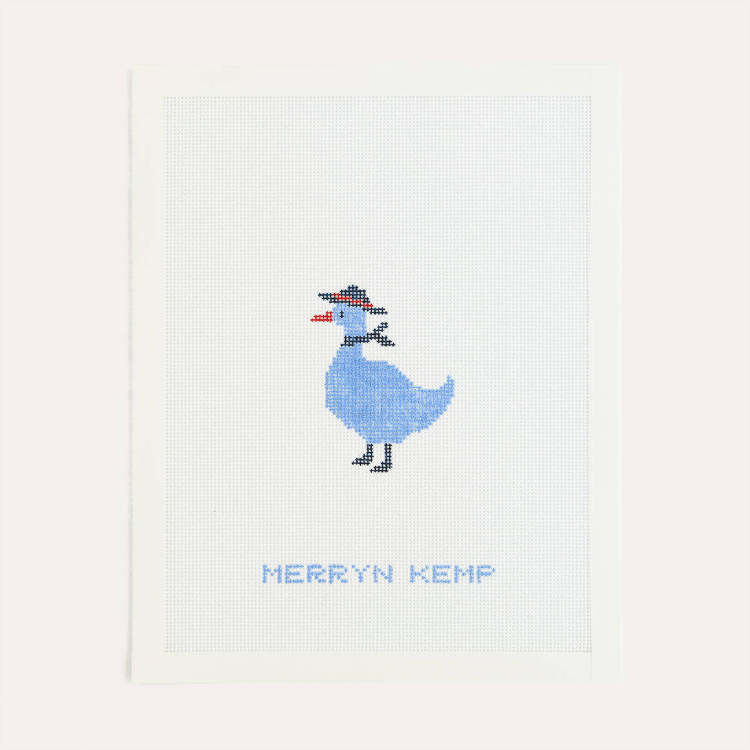 Sea Bird needlepoint canvas by Merryn Kemp with bird in hat and scarf on 18 mesh