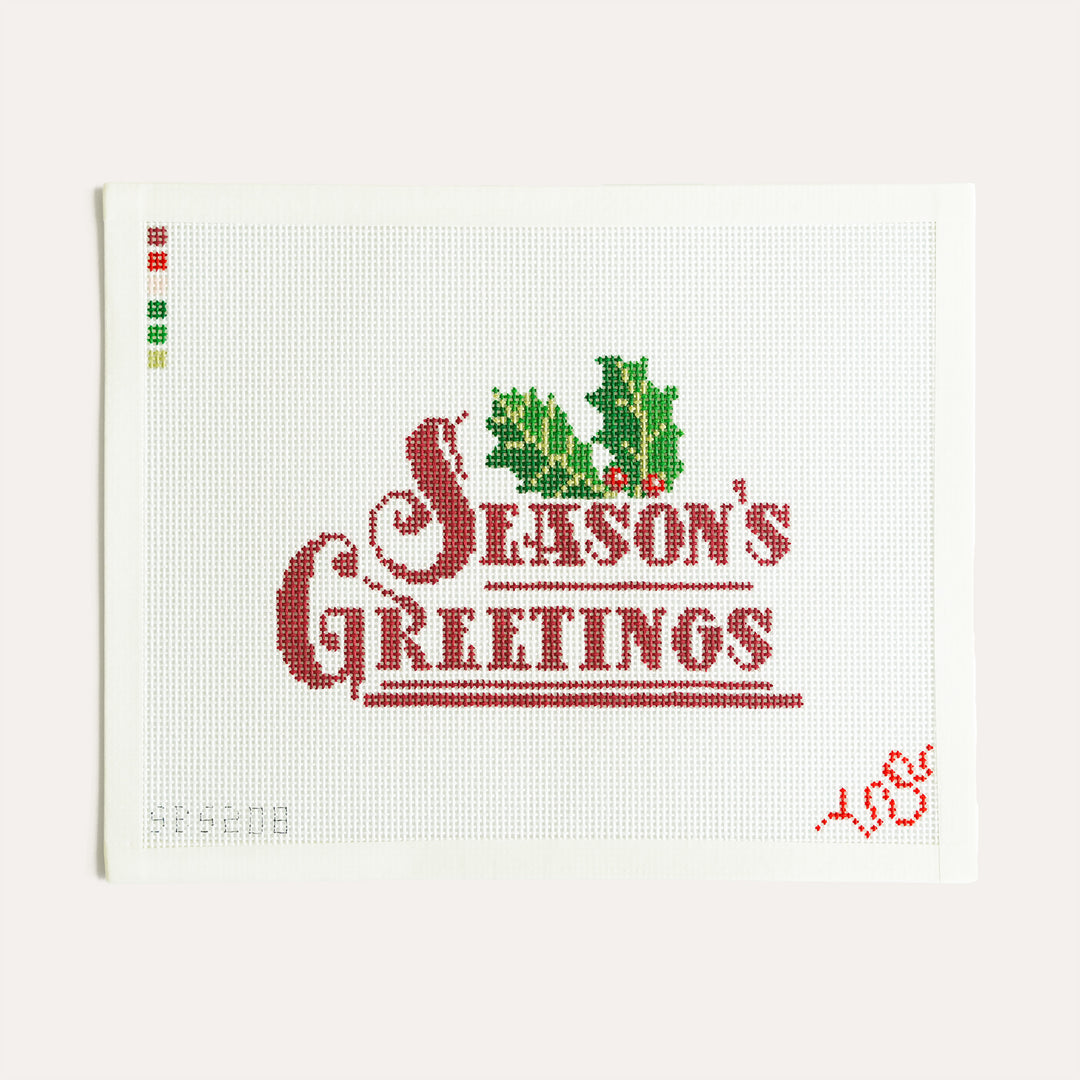 Season’s Greetings holiday needlepoint canvas on 13 mesh festive design