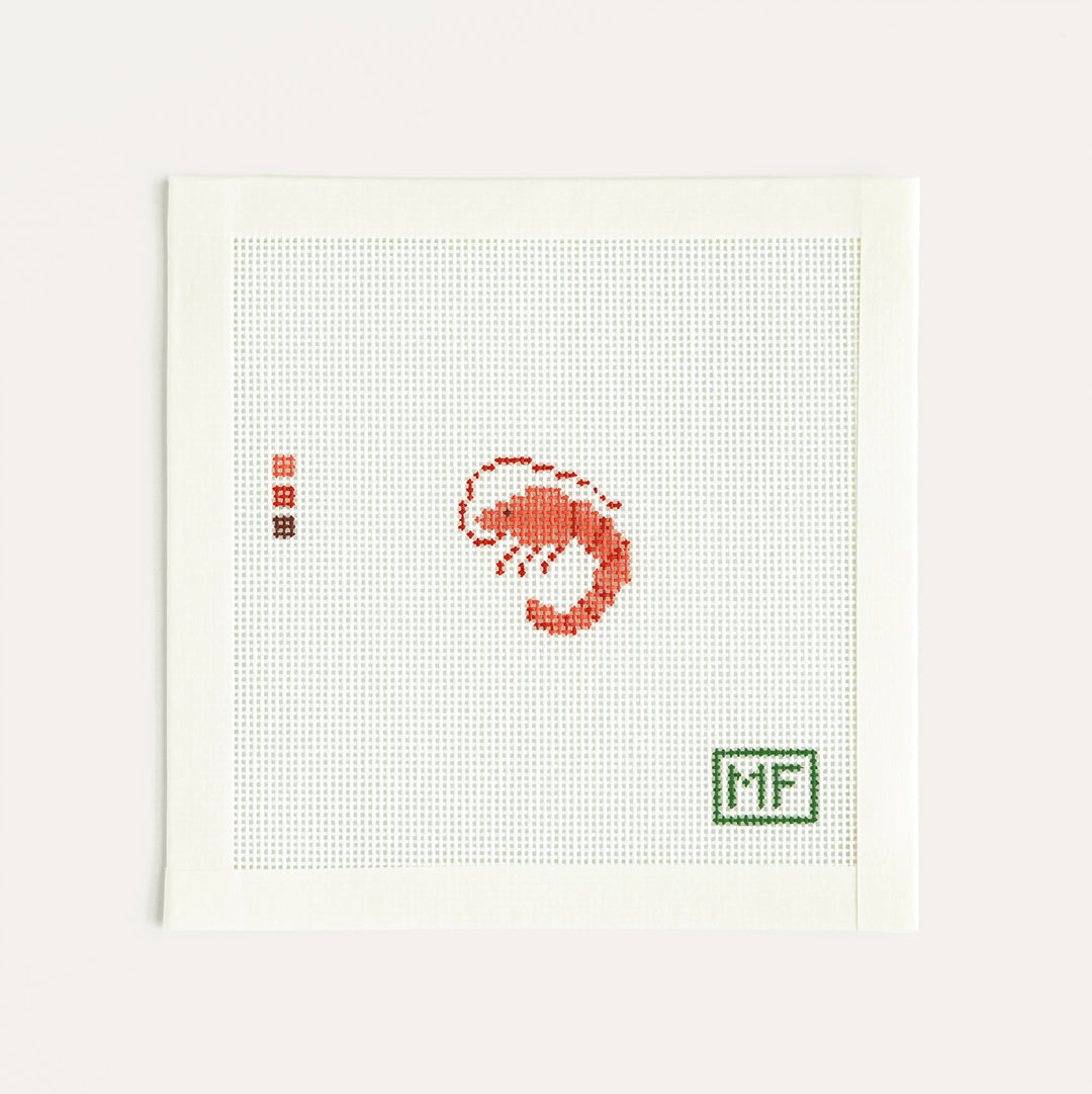 Shrimp Mini needlepoint canvas, 1.2 x 1.5 inch stitch painted design on 18 mesh by MF Needlepoint