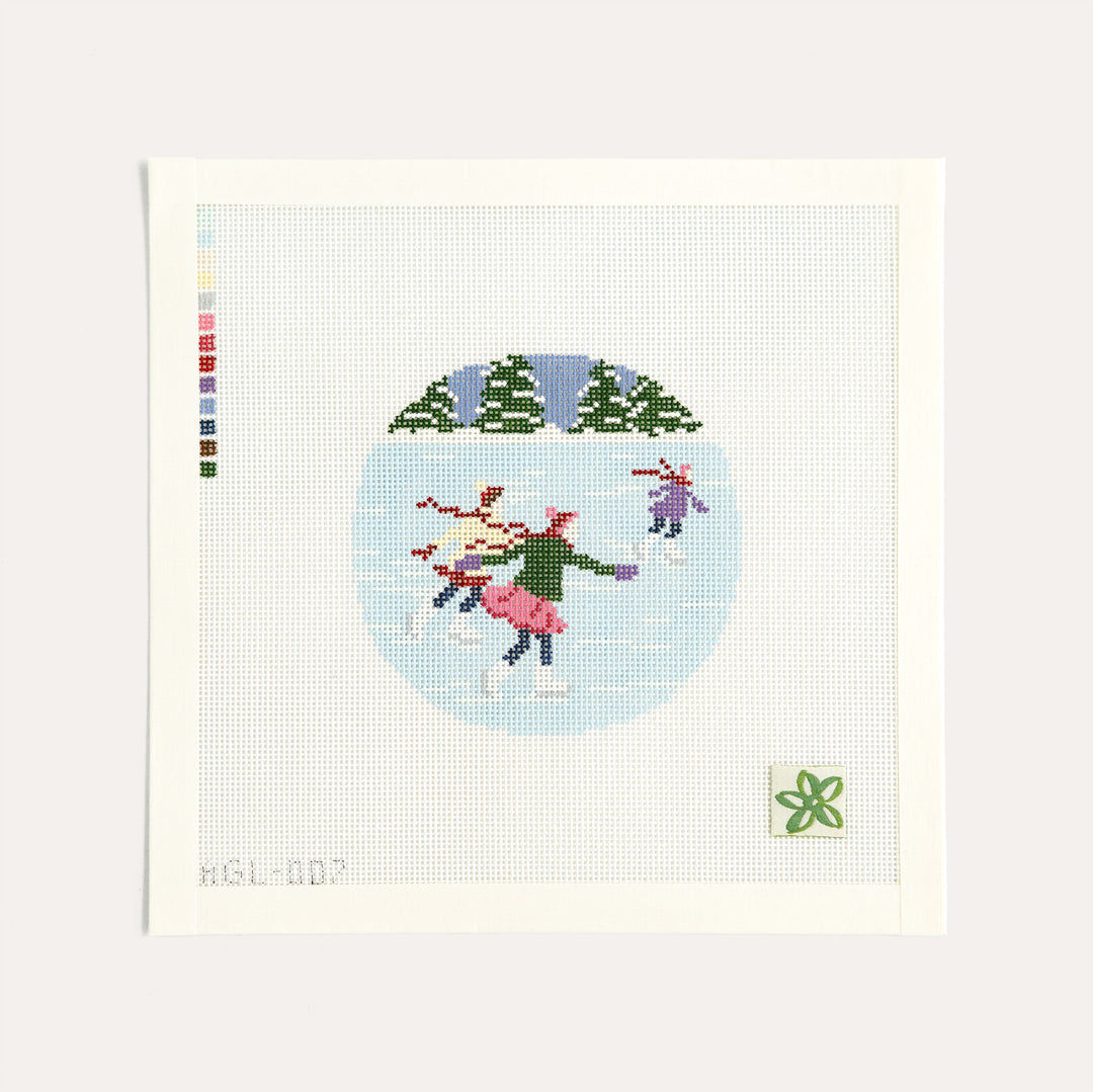 Skating Pond needlepoint canvas by Dogwood Needlepoint featuring a winter skating scene on 18 mesh