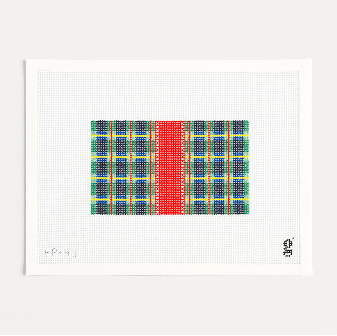 Small tartan plaid needlepoint canvas sized for acrylic clutch inserts on 13 mesh with a 6.7 x 4 inch design by Goodpoint Needlepoint