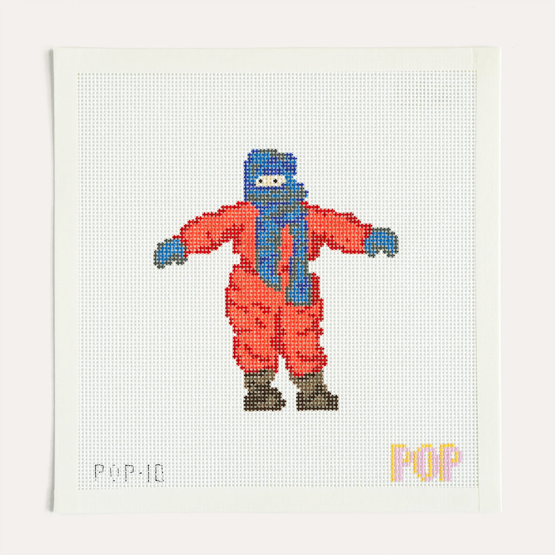 Snowsuit Randy needlepoint canvas by POP Needle Arts on 13 mesh, classic holiday movie inspired design