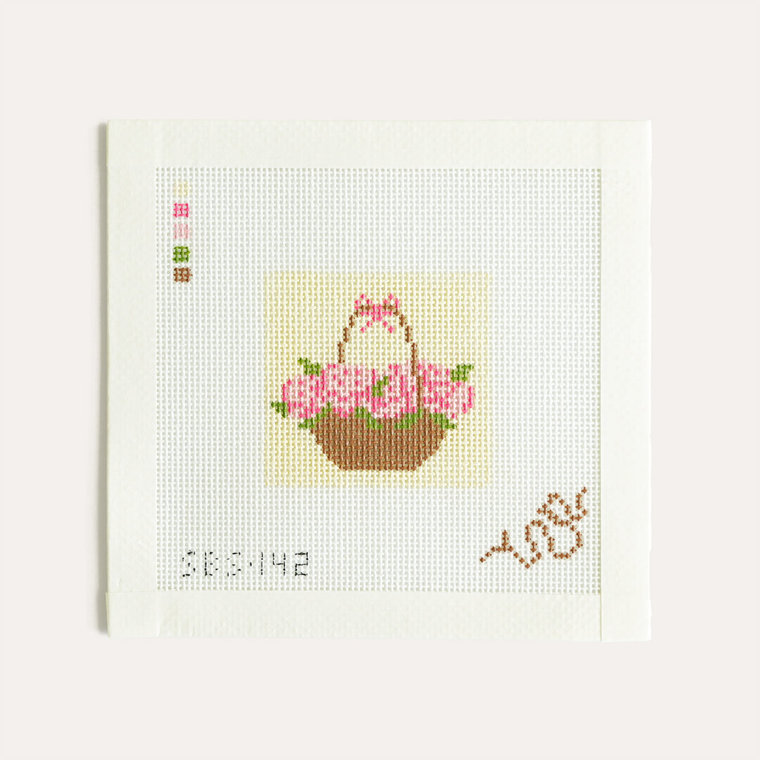 Spellbound Stitchery Hydrangea Mini Pink in Basket needlepoint canvas 18 mesh