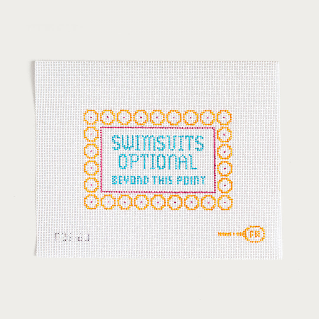 Swimsuits Optional Beyond This Point needlepoint canvas by Frances Abel Studio in orange and blue on 13 mesh