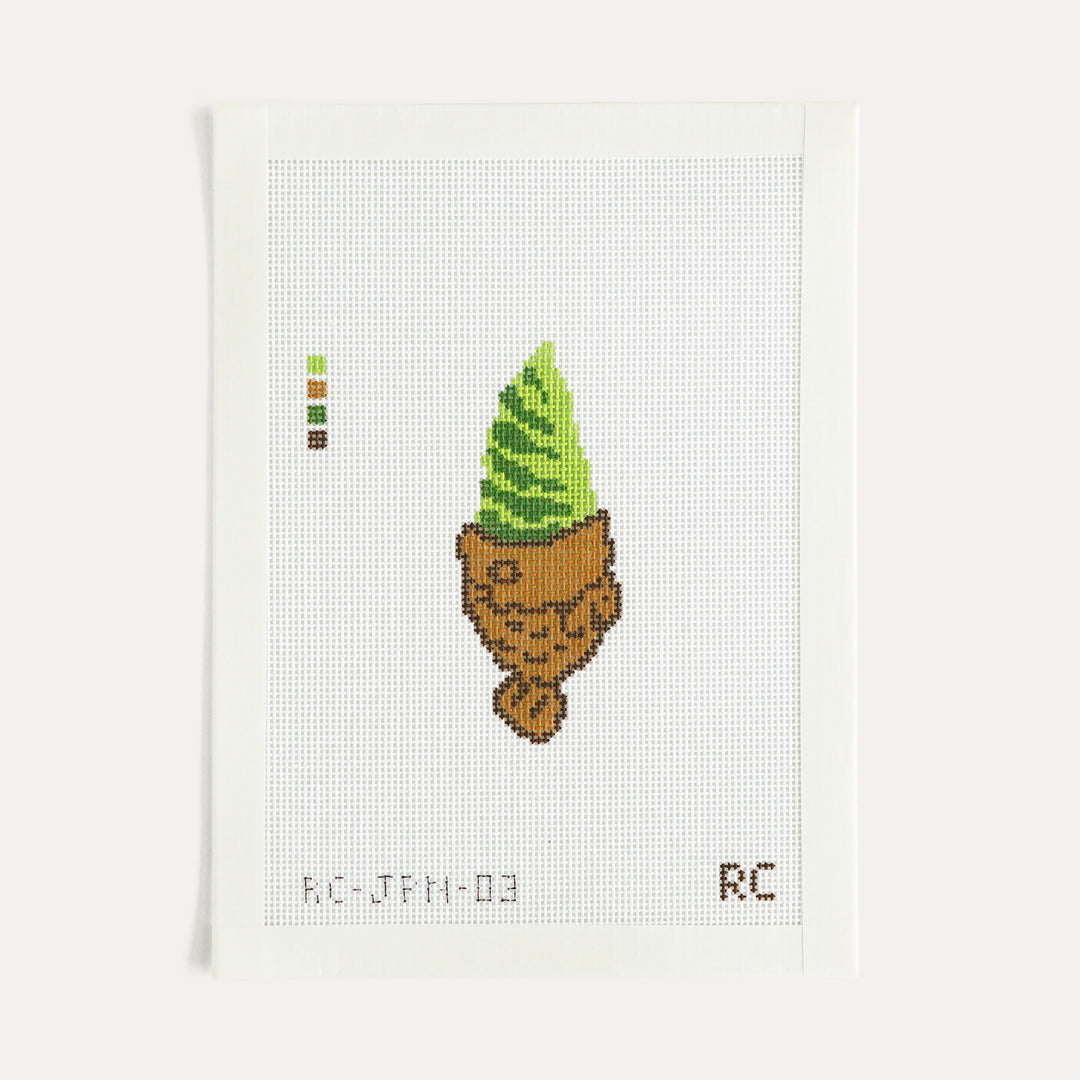 Taiyaki Matcha needlepoint canvas by RenniCo, 1.5 x 3.5 inch food design on 18 mesh