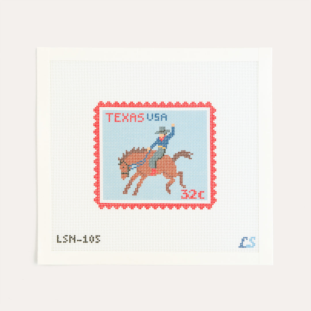 Texas Postage Stamp needlepoint canvas by Lakeshore Needlepoint with cowboy western design on 18 mesh