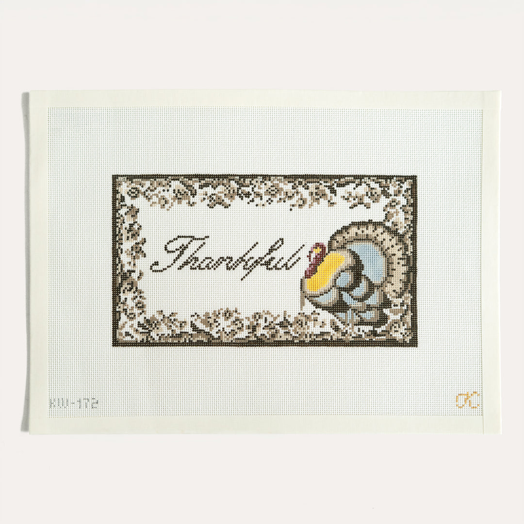Thankful Sign turkey and fall foliage 18 mesh needlepoint canvas by Kate Woodward
