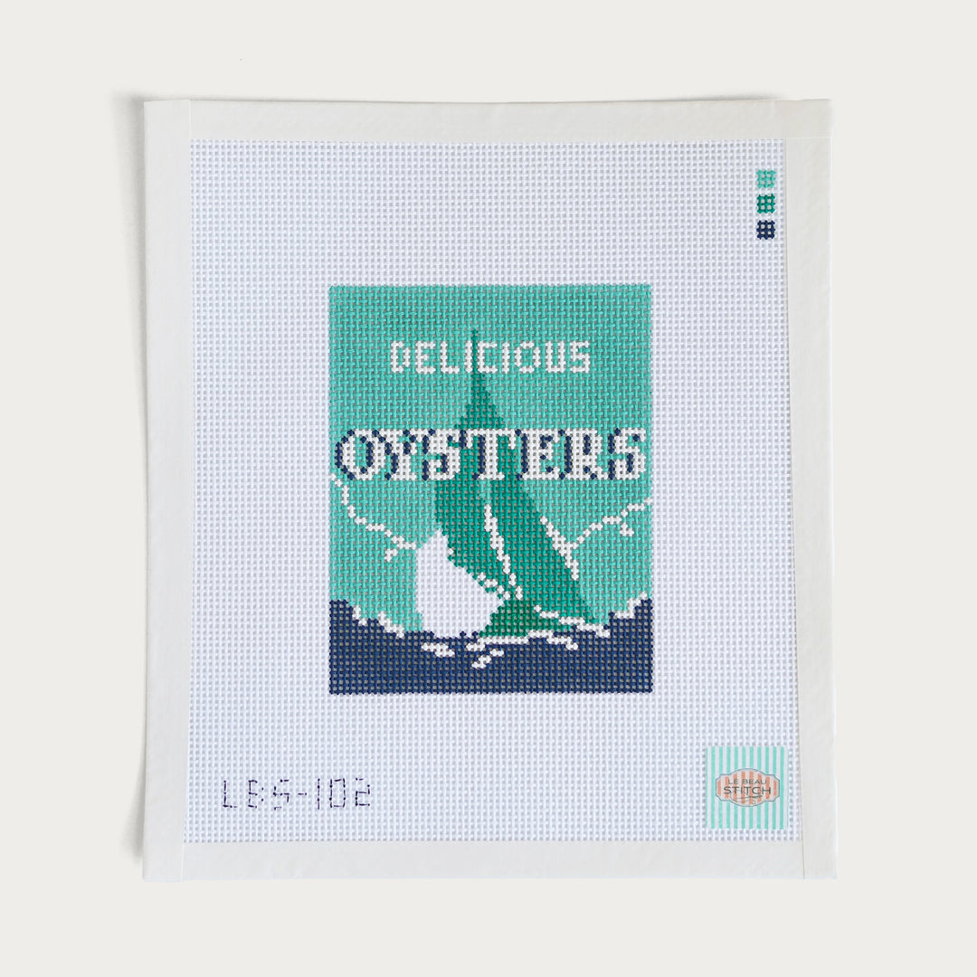 Hand-painted Vintage Oyster Can needlepoint canvas on 13 mesh, featuring a classic nautical-inspired oyster tin design.