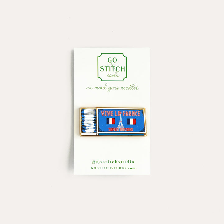Vive La France Matchbox blue enamel needle minder by Go Stitch Studio with rare earth magnets
