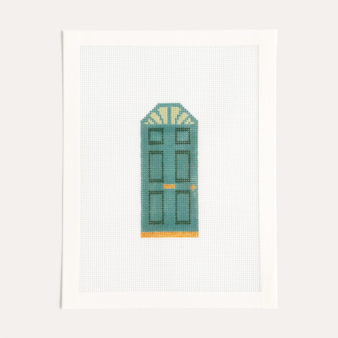 Welcome Home needlepoint canvas by Eva Howard on 18 mesh with a charming blue front door design