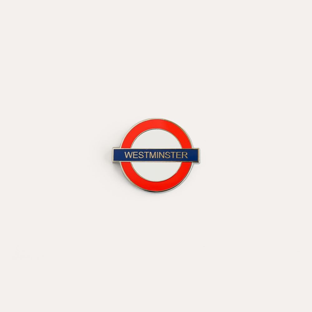 Westminster London Underground red and blue enamel needle minder by Go Stitch Studio with rare earth magnets