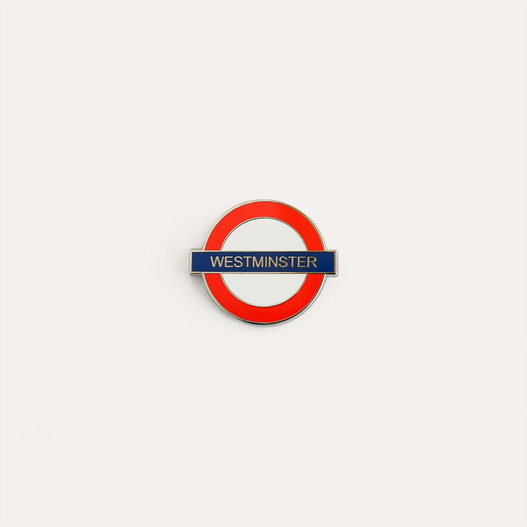 Westminster London Underground red and blue enamel needle minder by Go Stitch Studio with rare earth magnets