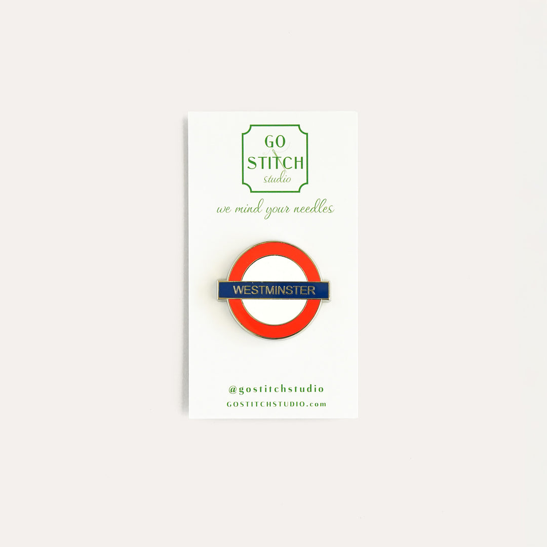 Westminster London Underground red and blue enamel needle minder by Go Stitch Studio with rare earth magnets