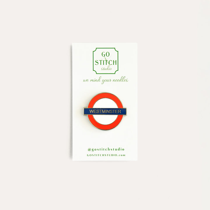 Westminster London Underground red and blue enamel needle minder by Go Stitch Studio with rare earth magnets