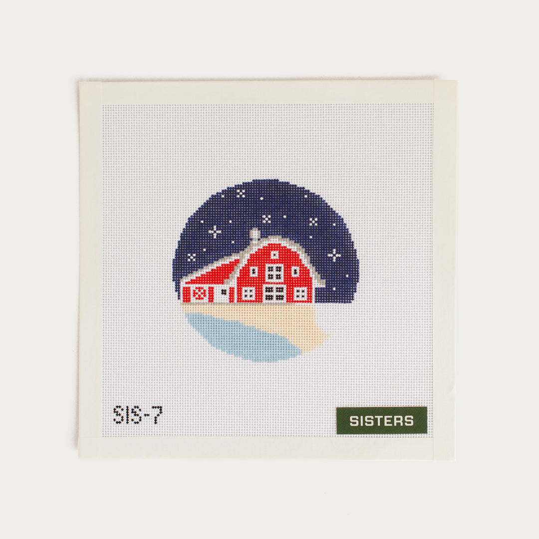 Hand-painted Winter Barn needlepoint canvas on 18 mesh, featuring a cozy seasonal barn scene.