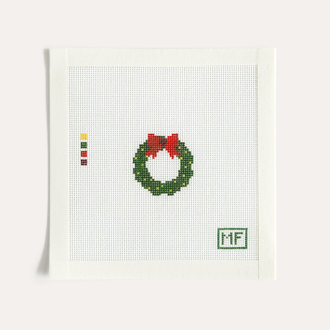 Wreath Mini needlepoint canvas, 1.5 x 1.6 inch stitch painted design on 18 mesh by MF Needlepoint