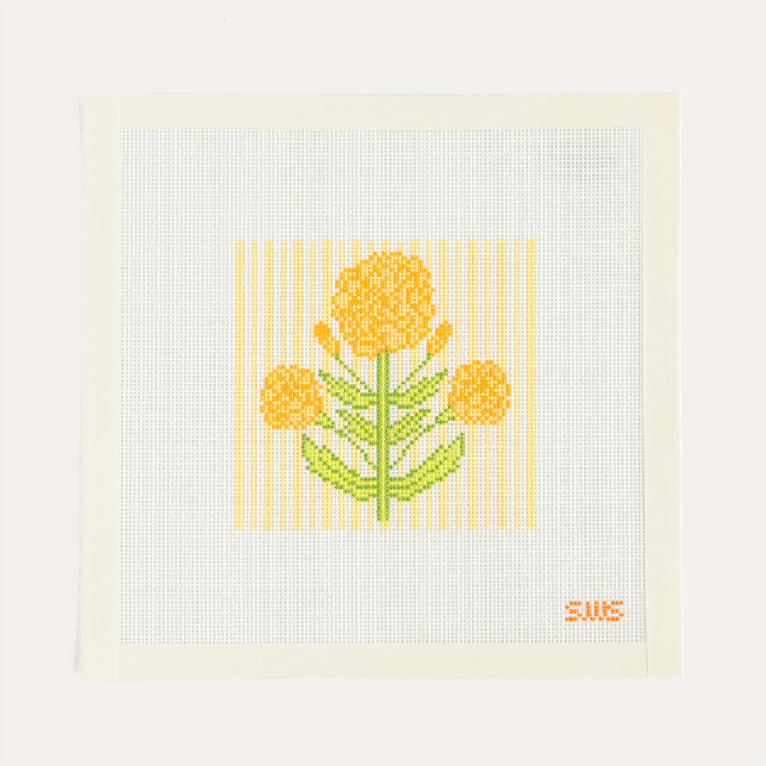 Yellow Block Print Flower needlepoint canvas by Stitching with Stacey floral design on 18 mesh
