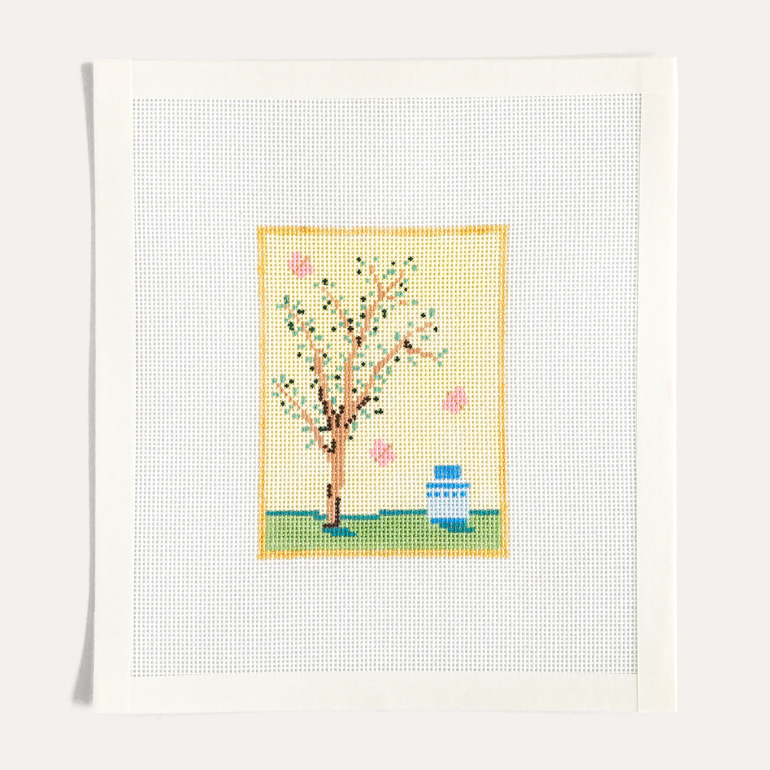 Yellow Chinoiserie Silk Screen hand painted needlepoint canvas by Stitch Style on 18 mesh with stitch guide