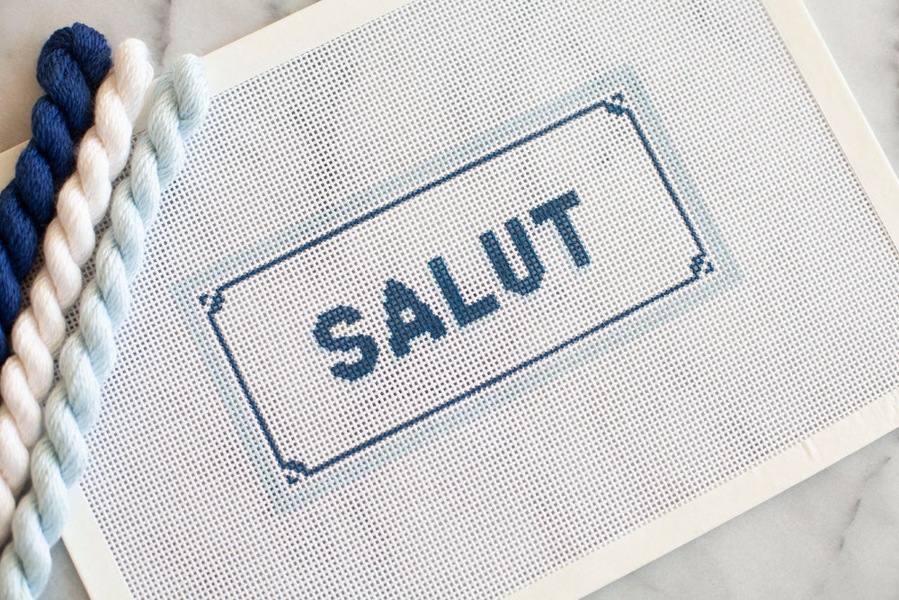 Salut Blue and White Needlepoint Canvas | Hand Painted Needlepoint Canvas | Stitch Painted