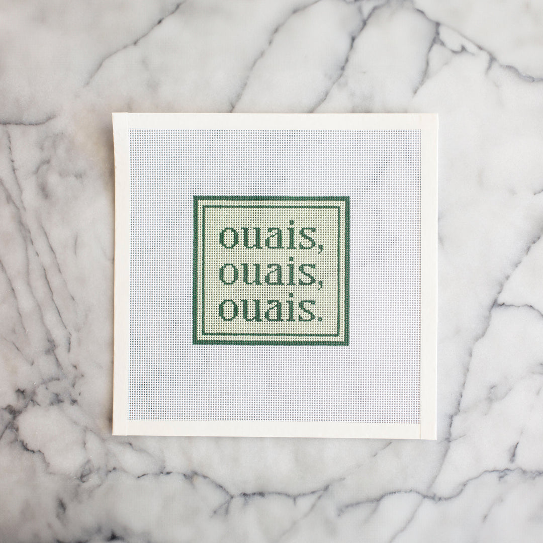 Hand-painted Ouais Ouais Ouais needlepoint canvas with a playful French statement.